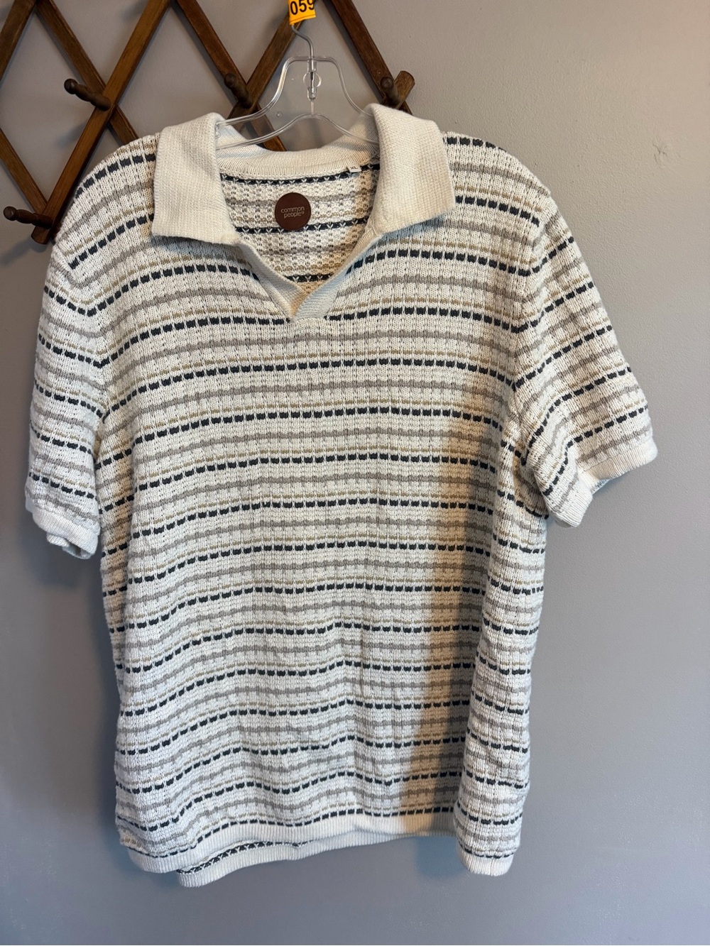 Common People Cream Textured Striped Knit Polo Shirt Size XL